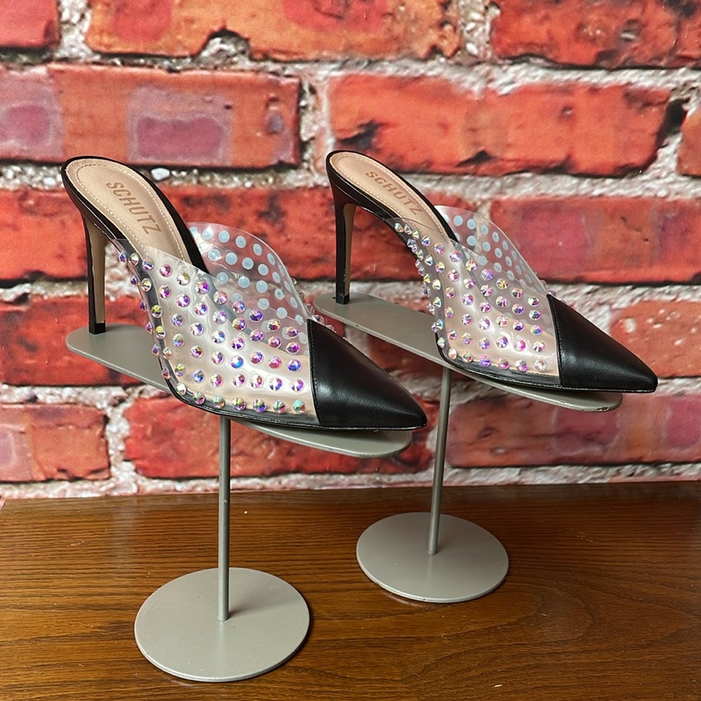 Schutz Greece Transparent / Black Pointed Toe Rhinestone Pumps